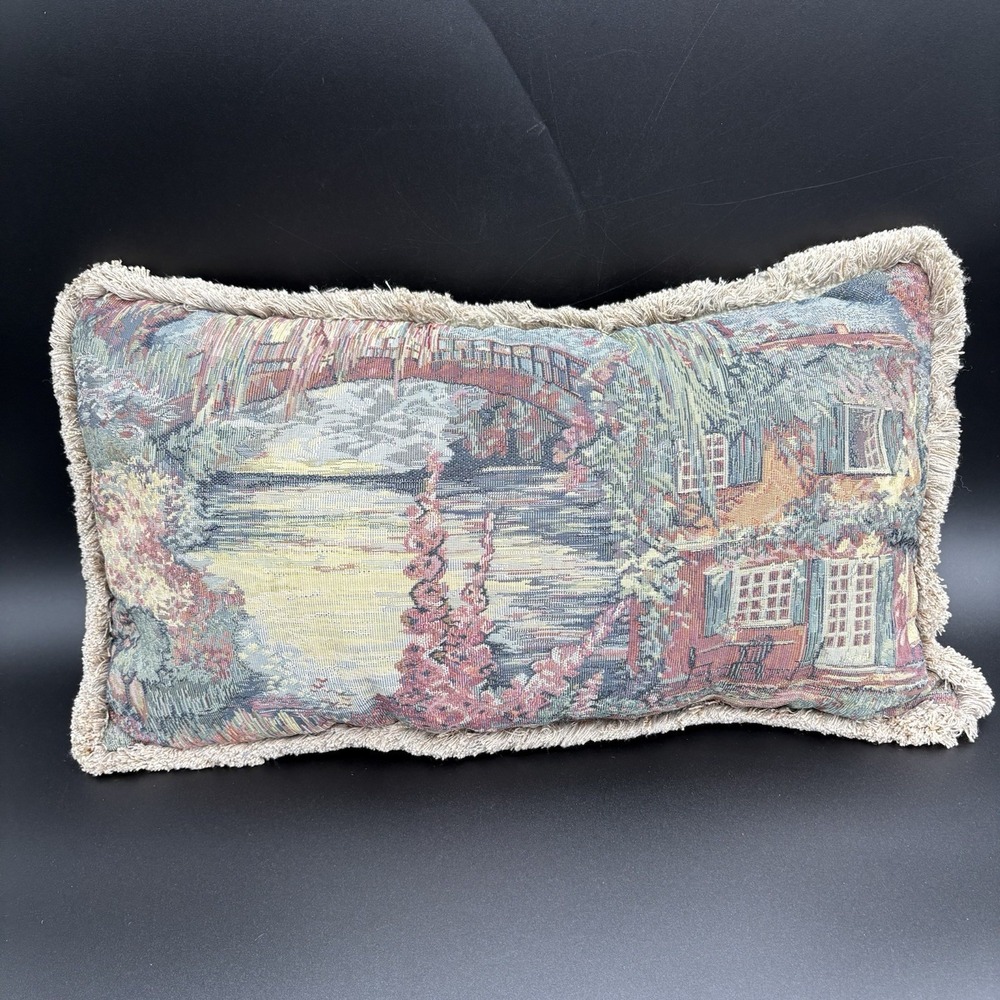 Vtg Bess Designs Tapestry Lumbar Pillow Fringe Bridge Countryside Moonlight